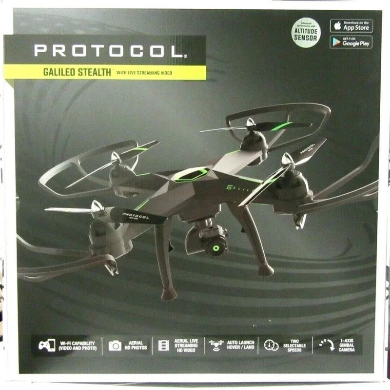 Black quadcopter drone with camera, ready-to-fly, four rotors
