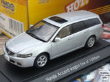 Satin silver die-cast model car of a Honda Accord wagon, front three-quarter view