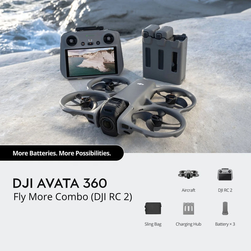 DJI Avata 360 drone kit with gray controller, charging hub, and extra batteries
