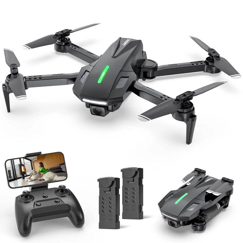 DEERC camera drone kit with grey drone, remote controller, and two battery packs