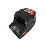 Black 6V battery charger with red label and fold-out plug