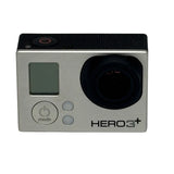 GoPro HERO3+ action camera with silver body, black lens, front LCD and mode buttons