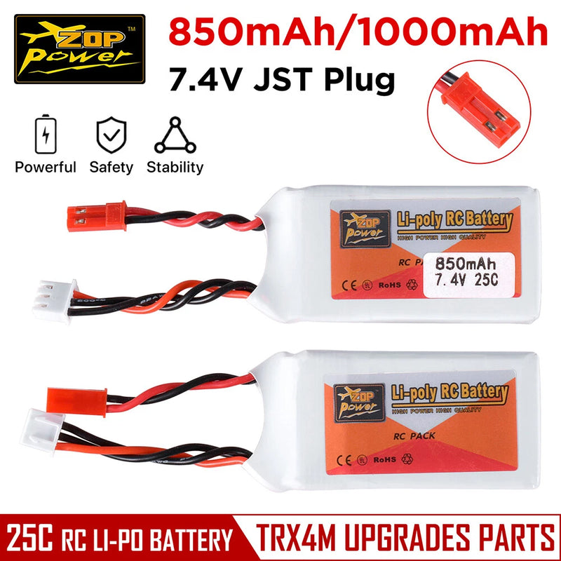 ZOP Power 7.4V Lipo Battery 25C 850/1000mAh Lipos with JST for TRX4M RC Car