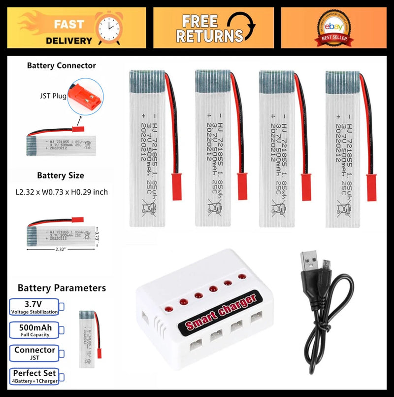 500mAh 3.7V Lipo Battery with JST Plug for RC Helicopters + 6-in-1 Charger - 4 P