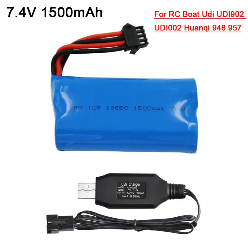 7.4V 1500mAh LiPo battery pack with black plug, red/black leads and USB charger