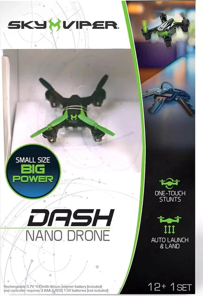 Nano drone in retail box, green and black quadcopter with four propellers