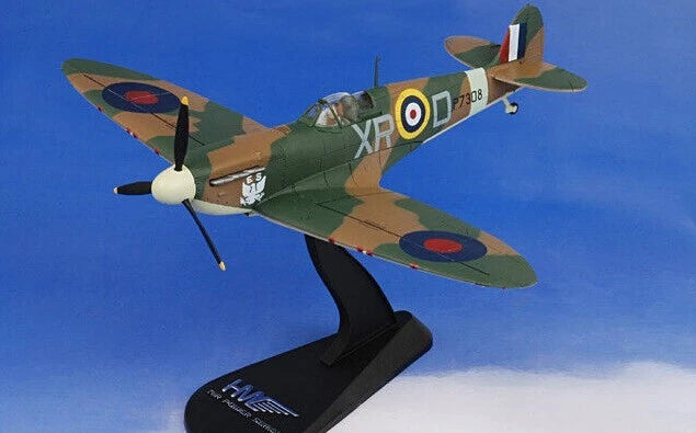 Green Spitfire Mk IIa aircraft model with stand and colorful roundel decals