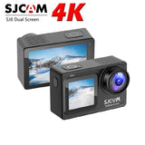 SJCAM dual-screen action camera with LCD screen and lens, black and gray