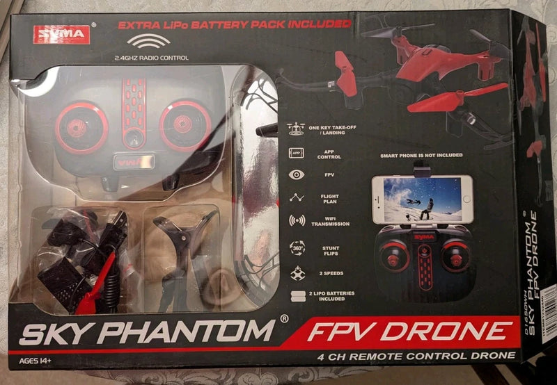 Red 4-channel FPV remote control drone in retail box