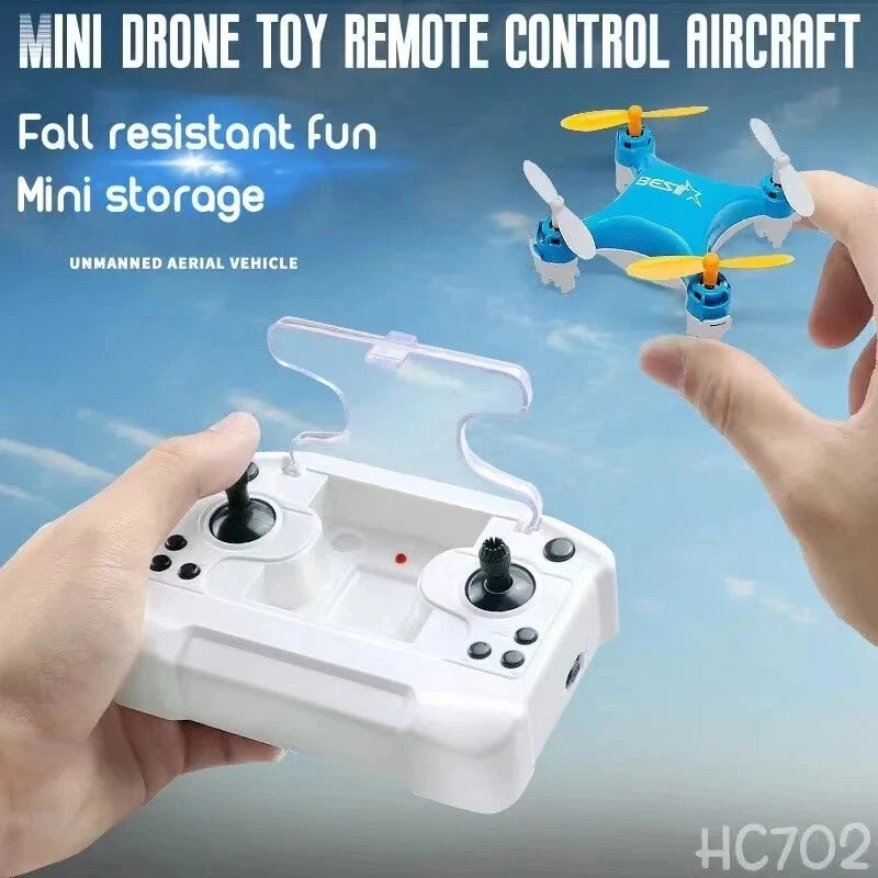 Mini quadcopter toy with white remote controller and blue drone body, four propellers