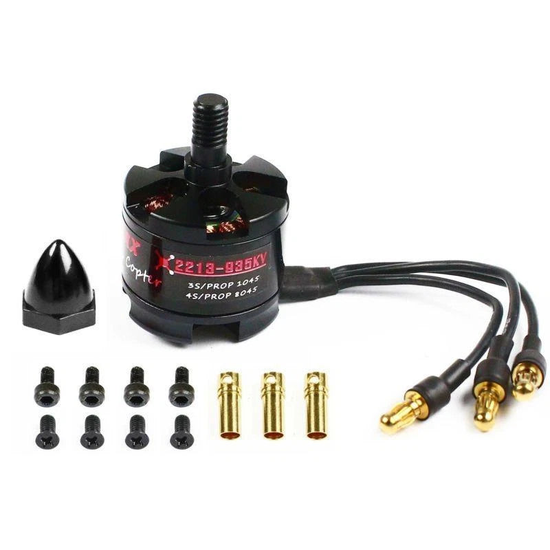 Black 2213-935KV brushless motor with CCW prop adapter and wiring harness