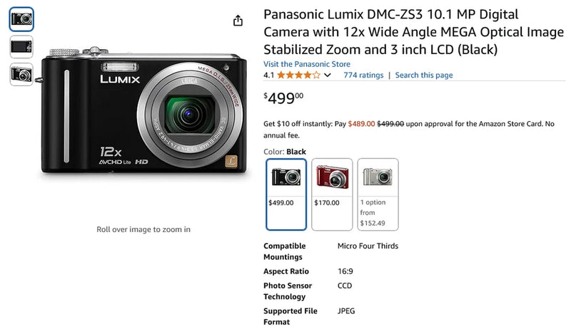 Panasonic Lumix DMC-ZS3 10.1 MP Cam -Company Pre-Owned, Excellent Cond Offer #81