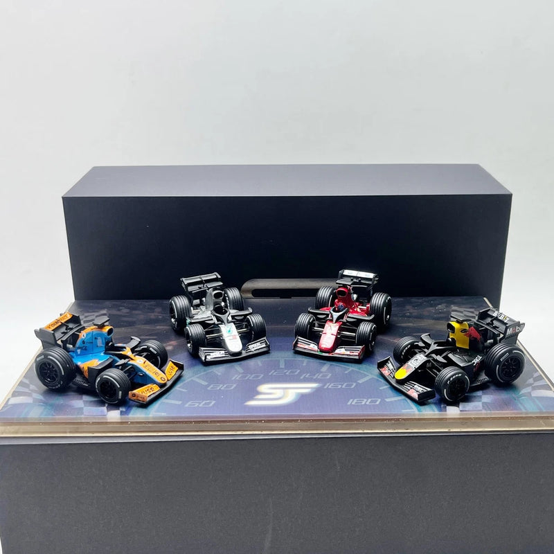 1/64 scale resin F1 racing car model set in a display box, multicolor cars with wheels