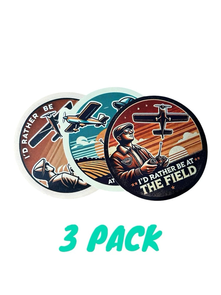 Round RC airplane hobby stickers, 3-pack, astronaut and airplanes with "I'd rather be at the field"