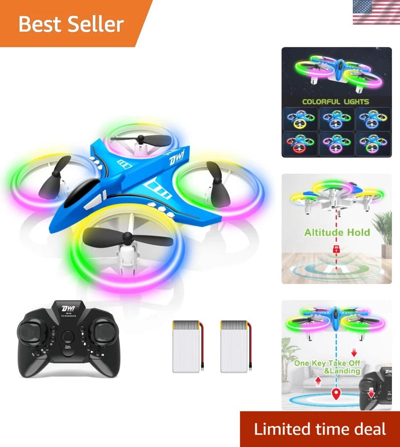 Blue mini drone with LED lights, colorful light rings, and handheld controller