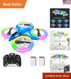 Blue mini drone with LED lights, colorful light rings, and handheld controller