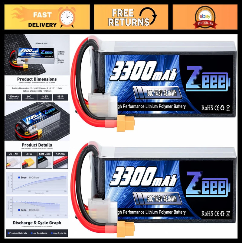 14.8V 4S LiPo Battery 50C 3300mAh Soft Case XT60 Plug for RC Drone, Airplane, Bo Battery