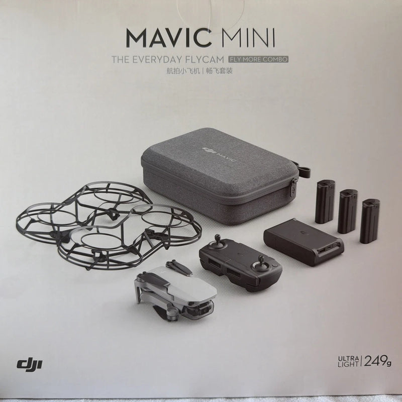 DJI Mavic Mini Fly More Combo drone set with carrying case, batteries, and prop guards