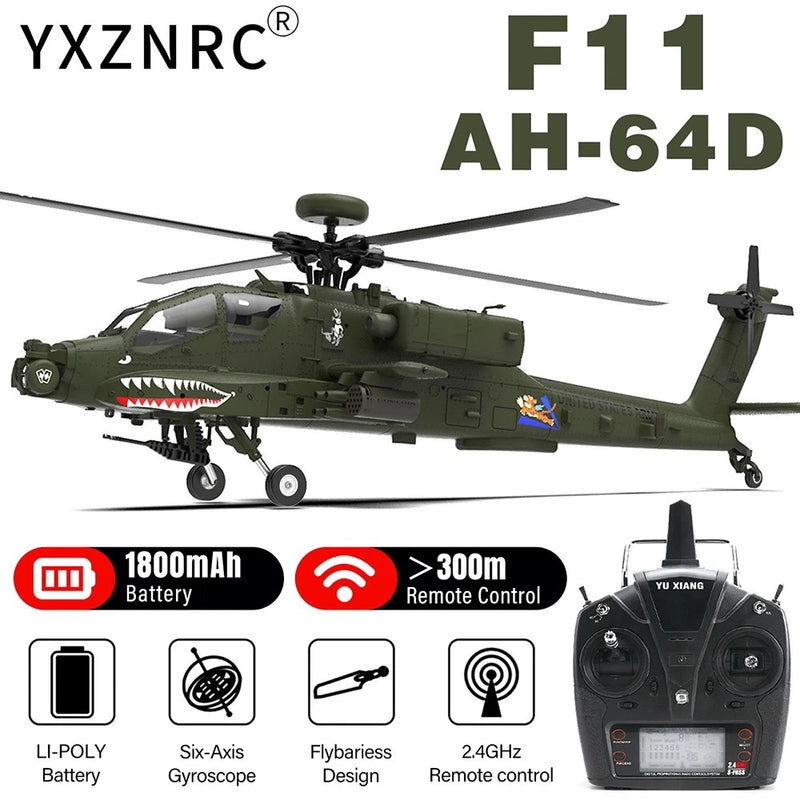 YXZNRC F11 AH-64D Apache 6-Axis Gyro 2.4G 6CH 3D RC RTF Helicopter 3 Battery