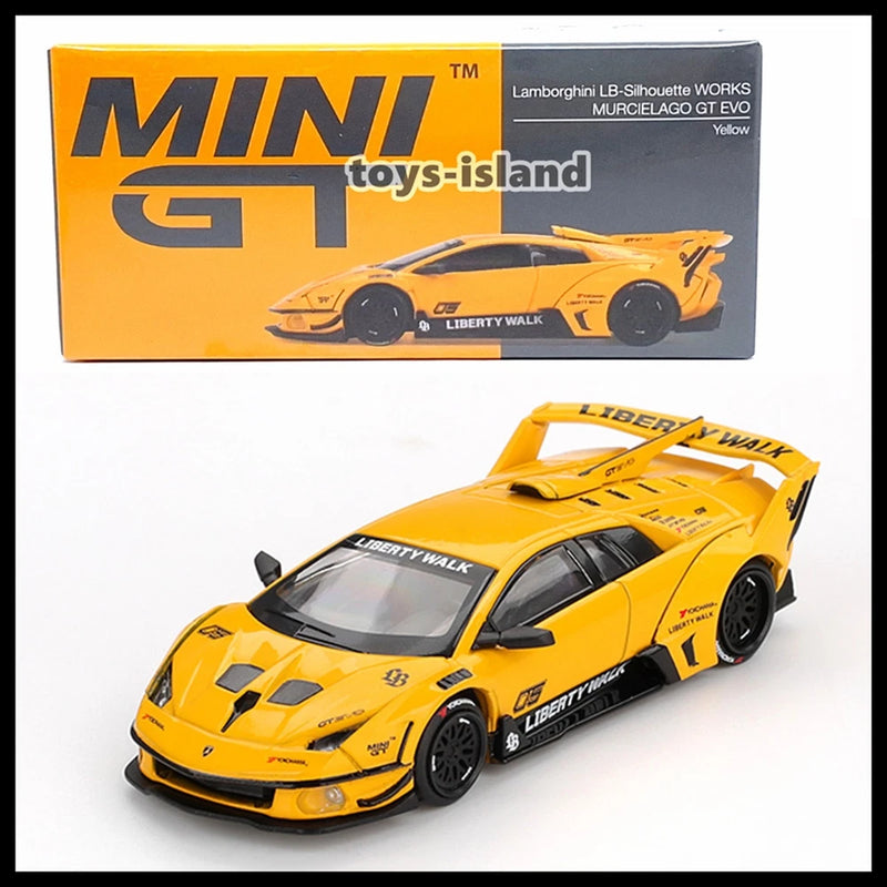MINI GT yellow 1/64 Lamborghini die-cast model car with black wheels, in box
