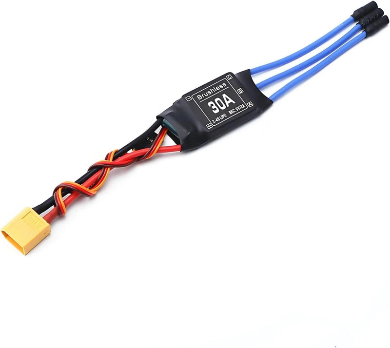 RC brushless motor speed controller, 30A black unit with multi-wire lead and yellow connector