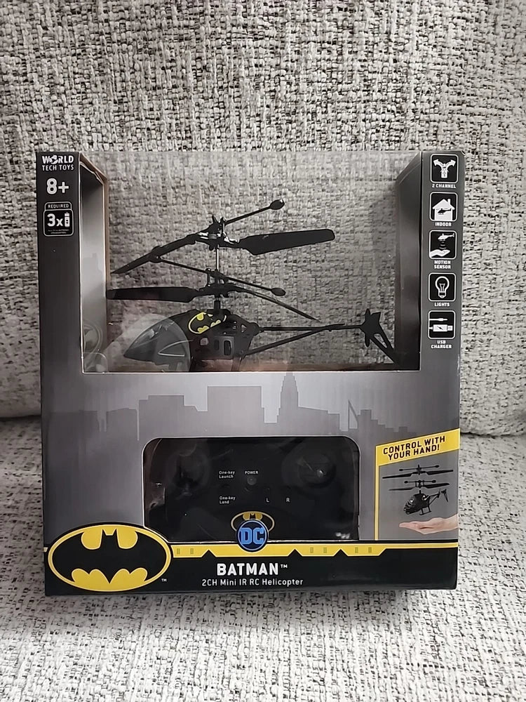 Mini IR RC helicopter toy in box with Batman logo; black rotor design