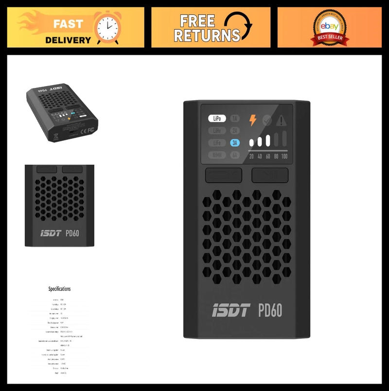 Black ISDT PD60 battery balance charger with vented back panel and status screen