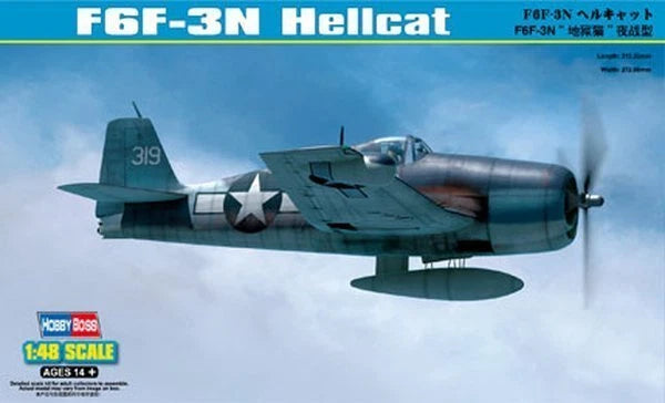 HobbyBoss F6F-3N Hellcat 1/48 scale model kit box with gray fighter plane artwork