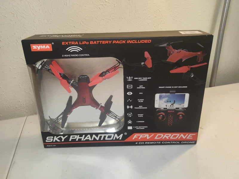 Red and black FPV drone retail box with drone and remote control graphics.