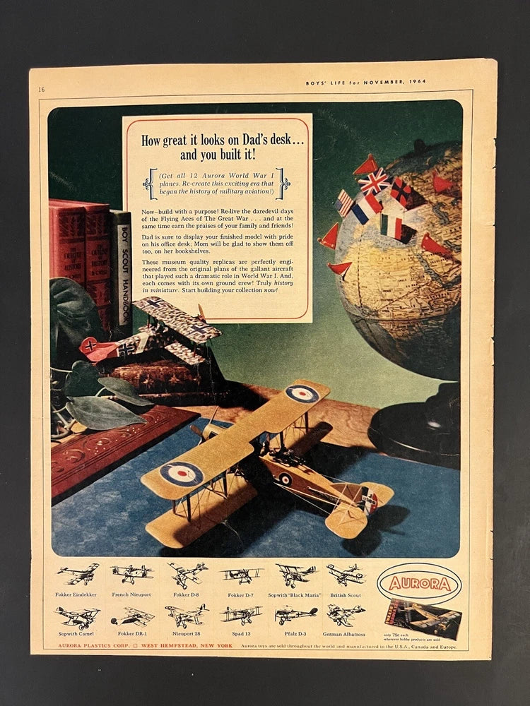 Aurora Models VTG 1964 Print Add 10x13 Airplane Globe Hobby Toys Man Cave