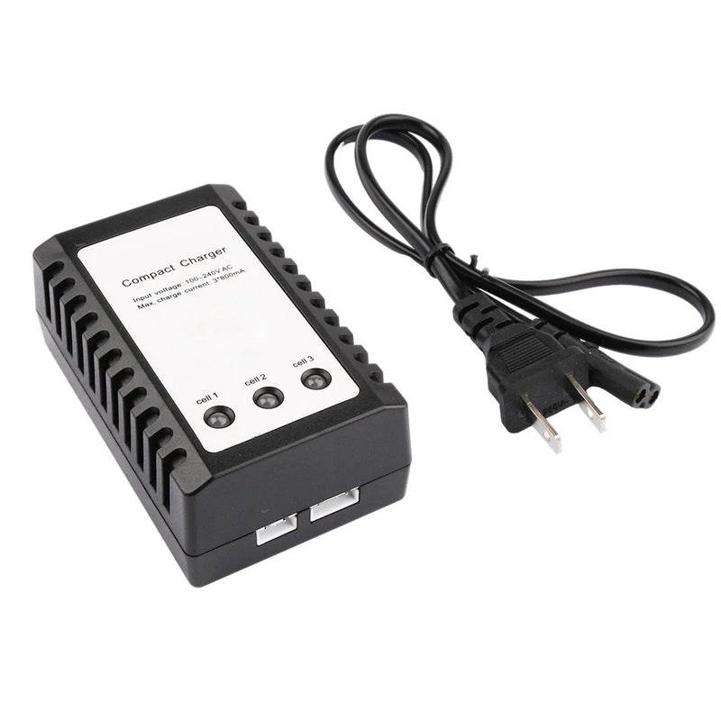 LiPo balance charger with US two-prong power cable, compact black unit
