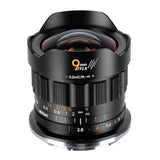 Black 9mm ultra-wide manual focus lens with front glass and engraved focus/aperture scale