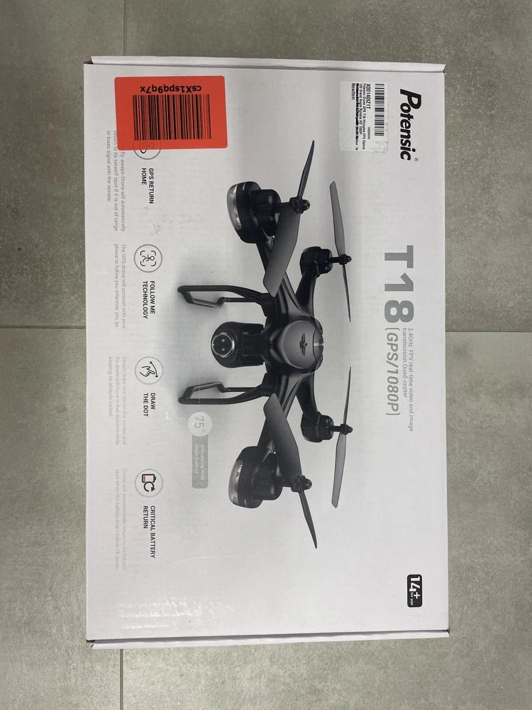 Potensic T18 drone box packaging with drone illustration and specs