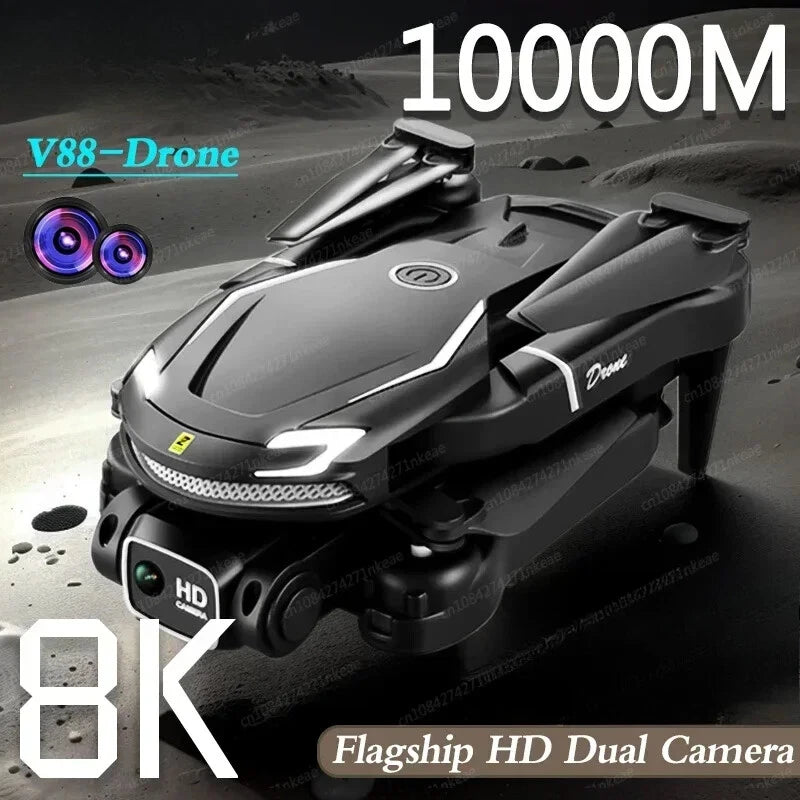 Gray quadcopter drone with front lights and dual camera module