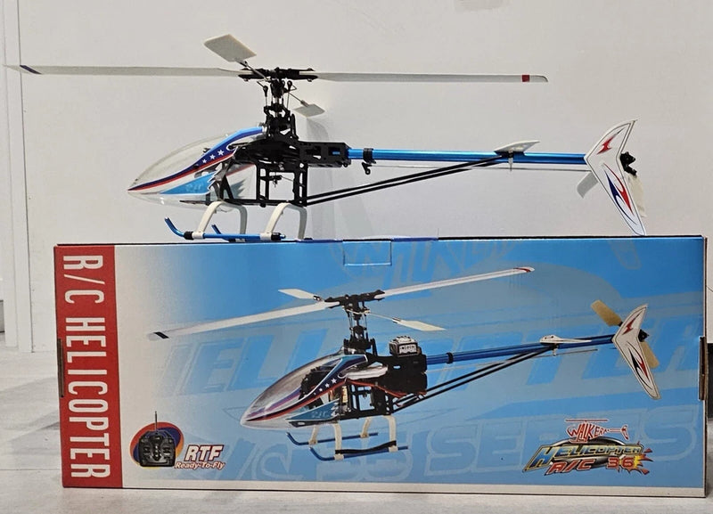 RC helicopter model in blue-and-white retail box, black rotor mast shown