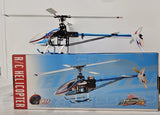 RC helicopter model in blue-and-white retail box, black rotor mast shown