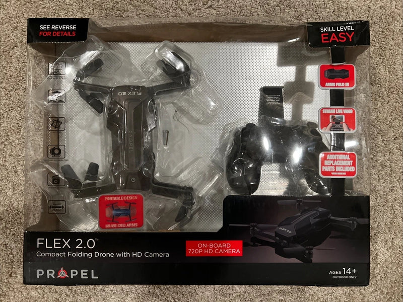 Compact folding drone with HD camera in retail box, Propel branding