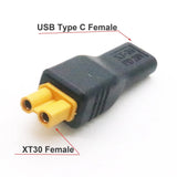USB Type-C to XT30 female charging adapter with black housing and yellow XT30 socket