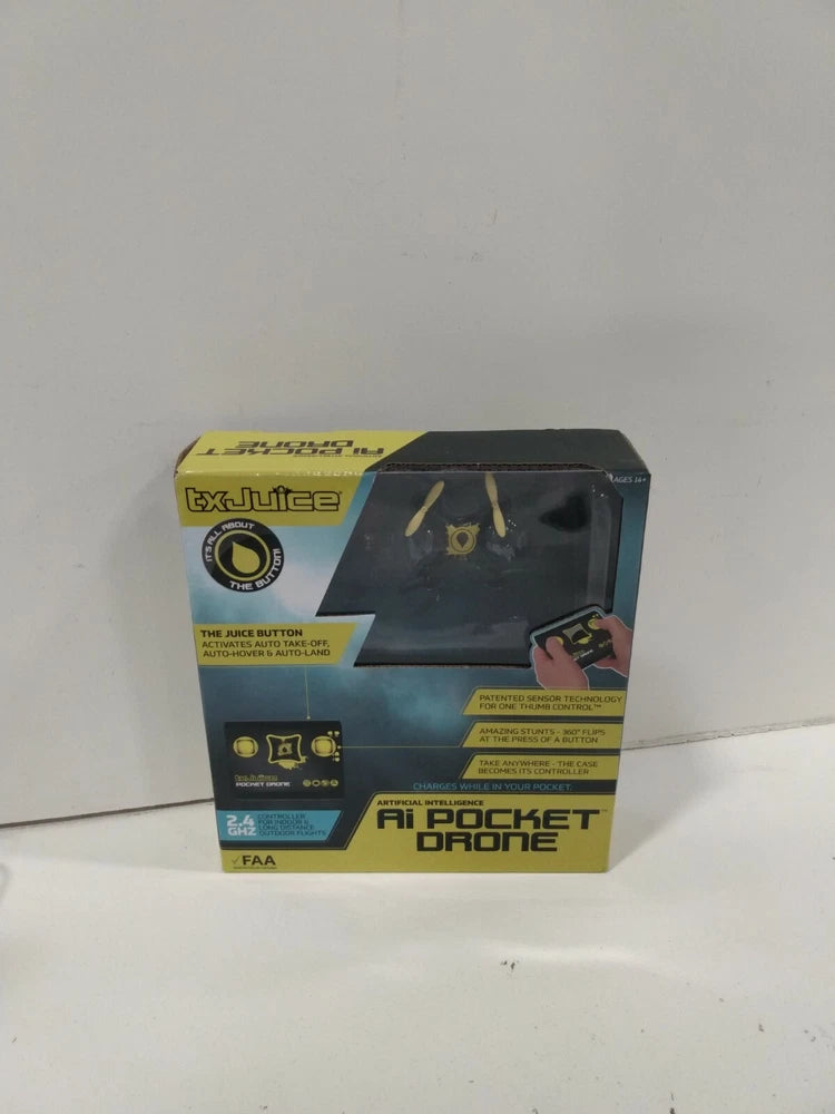 AI pocket drone retail box with clear window and TX Juice branding