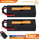 Two black hard-case LiPo RC battery packs with red/black leads and TRX connector