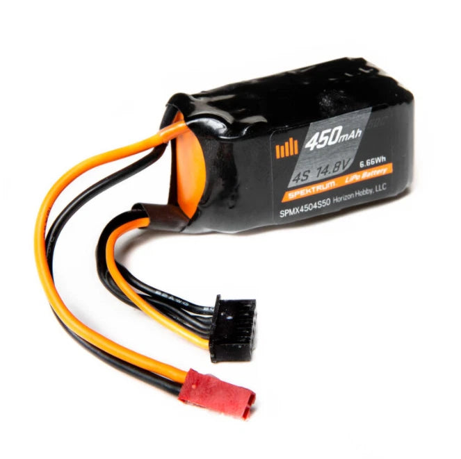4-cell 450mAh 14.8V LiPo battery pack with JST connector and orange/black leads