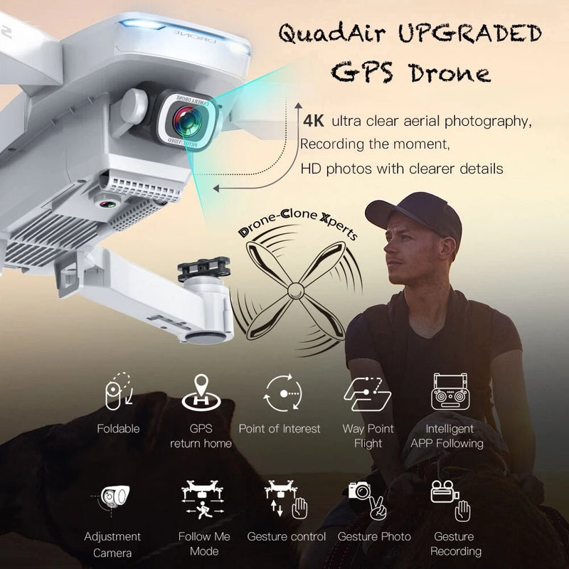 QuadAir GPS 4K HD Camera Drone S162 WiFi FPV Quadcopter 20 Min Flight Range 500m