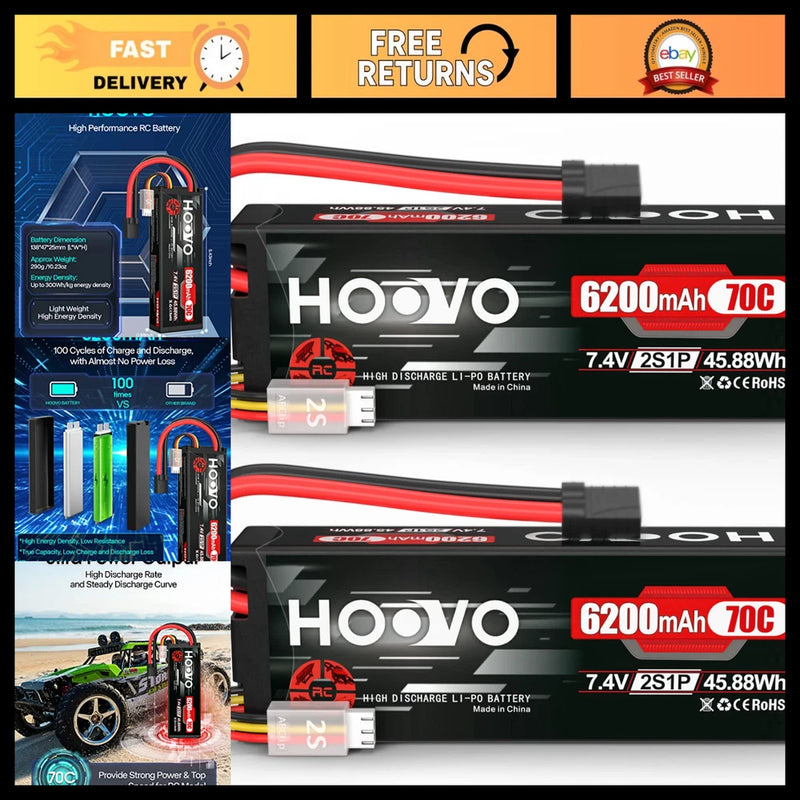 High-Performance 7.4V 70C 6200mAh 2S Lipo Battery Hard Case - Tracxas Plug (2 Pa Battery