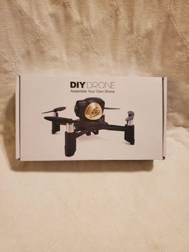 DIY nano quadcopter drone kit box with assembled drone graphic