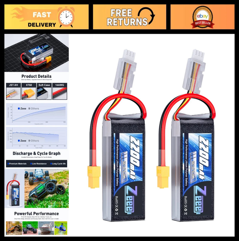 2200mAh 7.4V 50C Shorty Lipo Battery XT60 Connector for RC Cars, Drones, Boats ( Battery