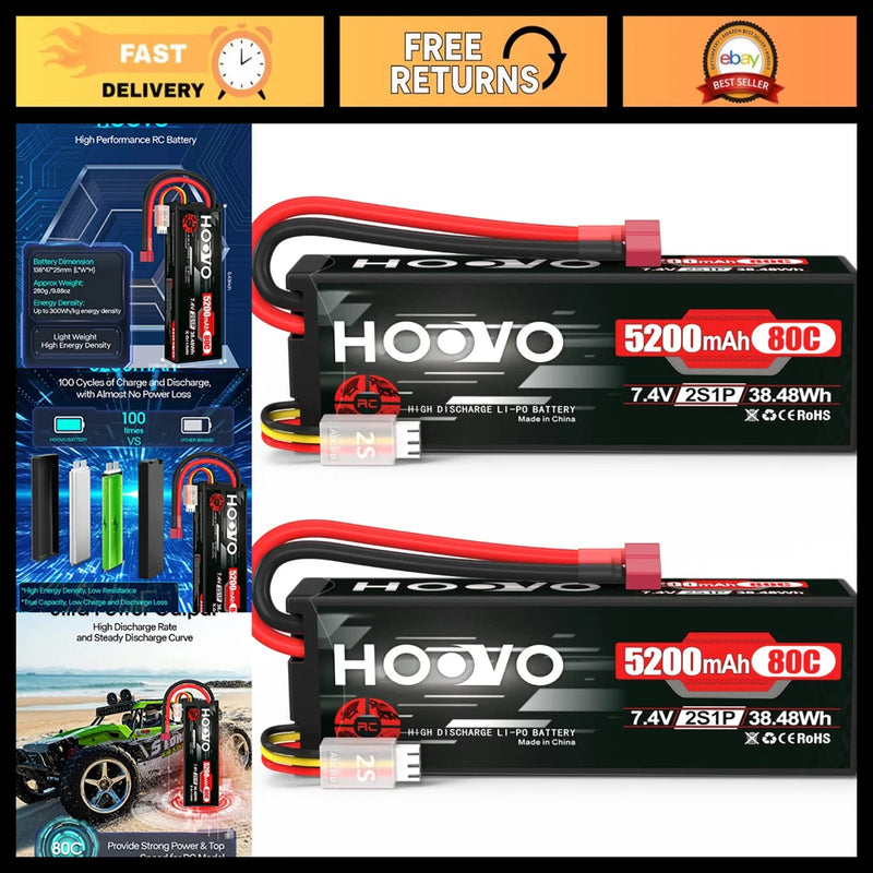 High-Performance 2S 7.4V 5200mAh 80C RC LiPo Battery Hard Case T Connector - 2 P Battery