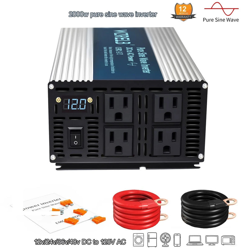 2000W Pure Sine Wave Power Inverter 12V/24V/36V48V DC to 110V/120VAC Camp RV new