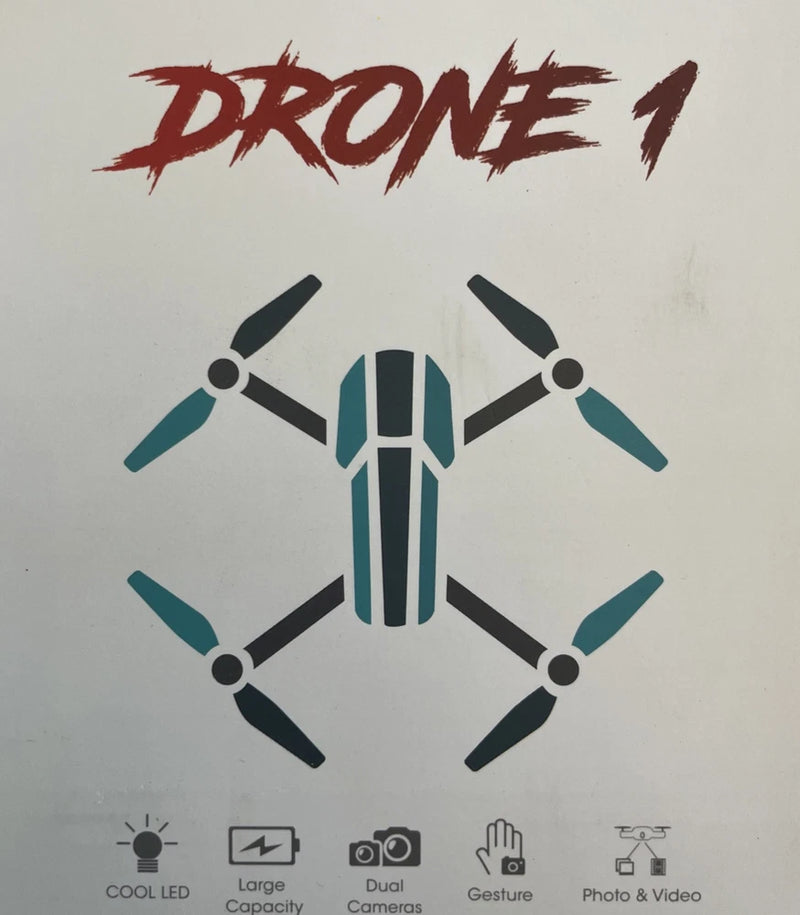 RC quadcopter drone graphic with dual camera, LED, and photo/video icons