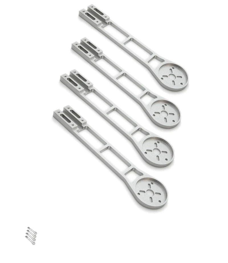 Set of four 500mm aluminum drone arms with mounting holes and motor mounts, silver