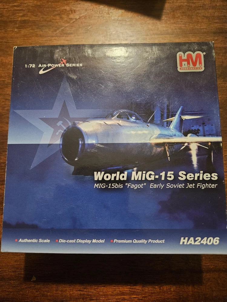 Die-cast jet fighter model kit box showing MIG-15bis Fagot early Soviet jet artwork